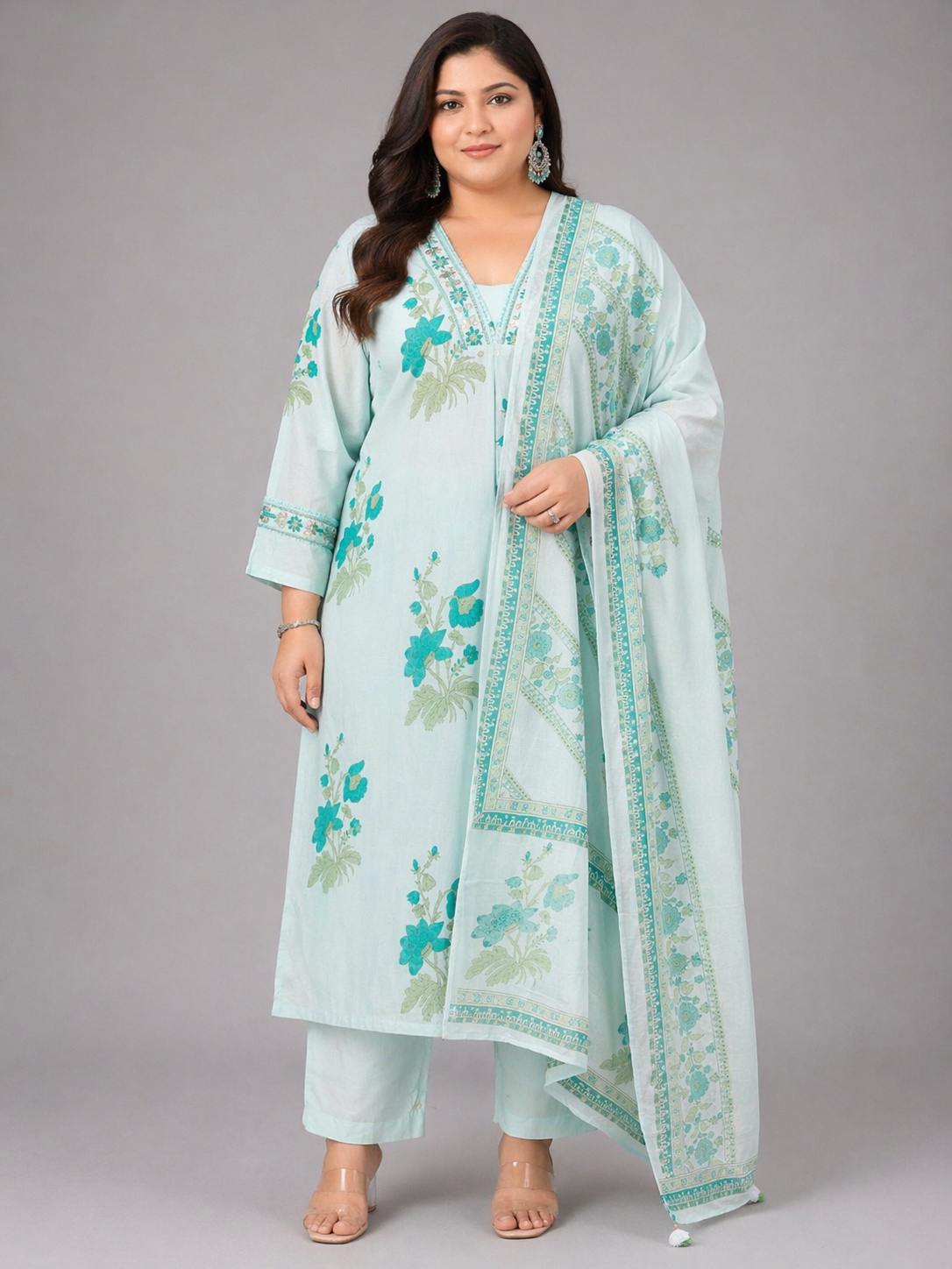 Women's Light Blue Floral Printed Cotton Kurta Pant Set with Dupatta
